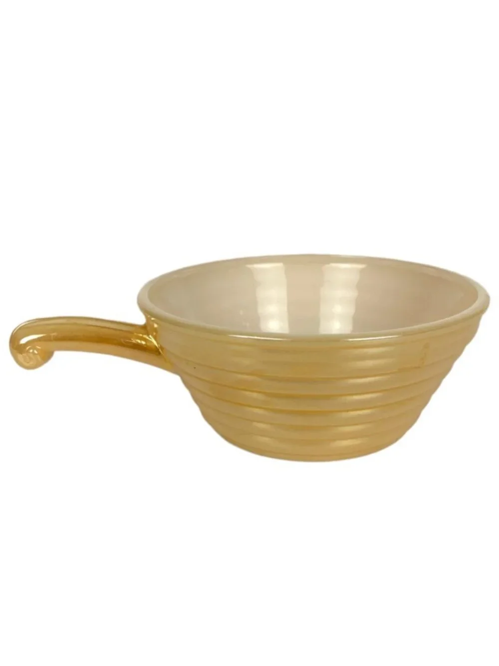 Fire King Vintage Ribbed Peach Luster Handled Soup Bowl Beehive Design